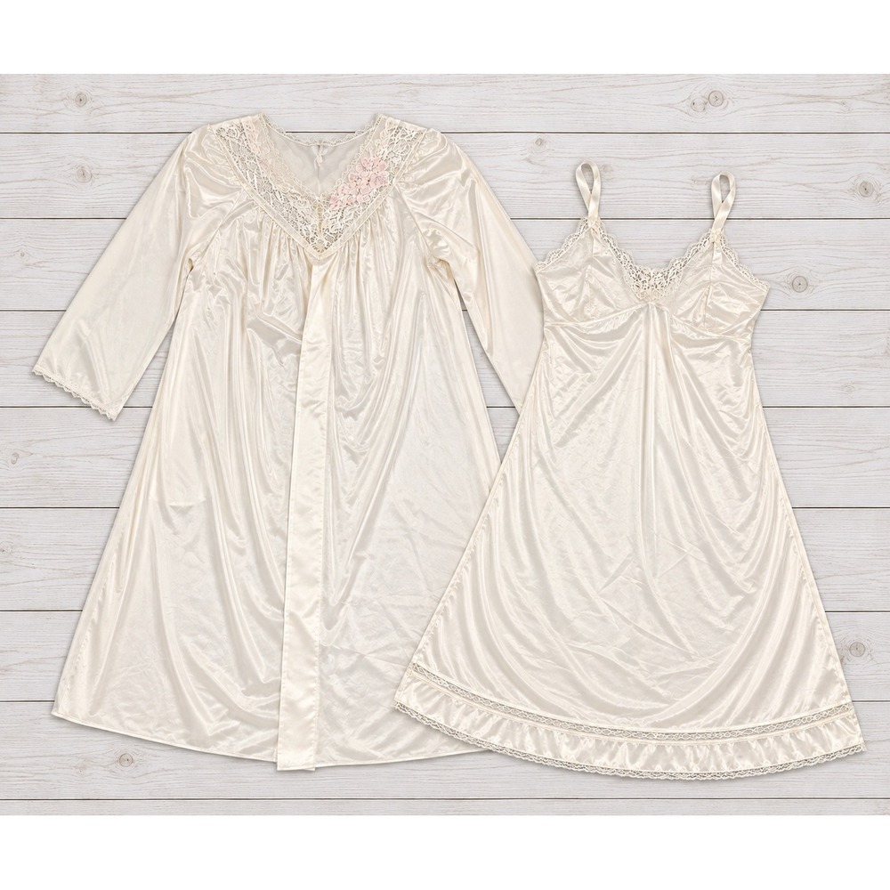 Shadowline Nightgown Robe Set Vintage Lace Trim Cream Ivory Lingerie Medium
